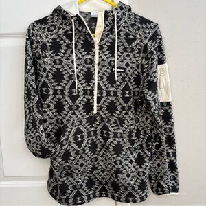 Columbia Jacket Womens M 1/4 Zip Fleece Hooded Sweater b/w Aztec All Over Print